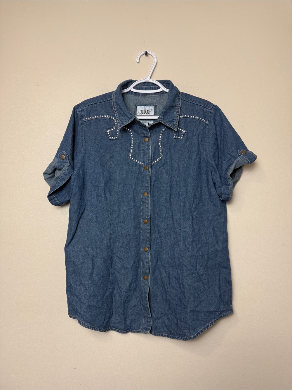 Y2k Live a Little Denim Western rhinestone Button-Down Shirt size L